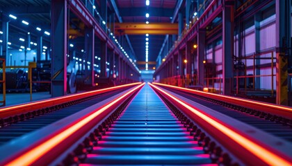 Poster - Vibrant Industrial Warehouse Interior with Glowing Track Lights