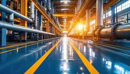 Poster - Modern Industrial Warehouse with Machinery and Bright Sunlight