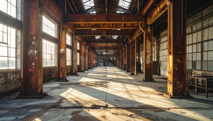 Poster - Empty Industrial Warehouse with Sunlight and Rusty Metal Structures