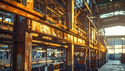 Poster - Sunlit Industrial Warehouse Interior with Rusty Machinery and Equipment