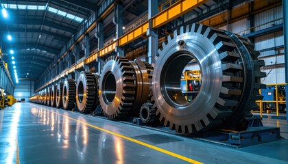 Poster - Large industrial machinery components lined up in a factory warehouse
