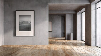Poster - minimalist grey walled room with wooden floors and large windows
