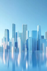 Aufkleber - 青い高層ビル群の都市景観 水面反射とモダンなデザイン 都会的な未来都市の建築光景