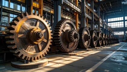 Poster - Industrial Setting with Large Gears in Warehouse During Daylight