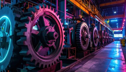 Poster - Industrial Machinery with Gears Under Neon Light in Factory Setting