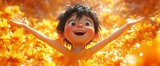 Animated child, joyful, surrounded by golden flowers