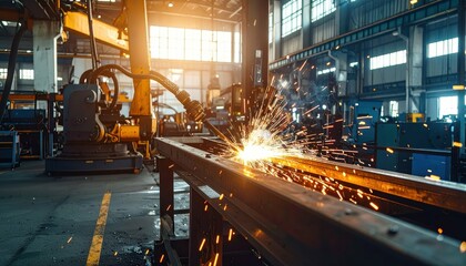 Poster - Industrial Scene of Robotic Arm Welding in Metal Workshop