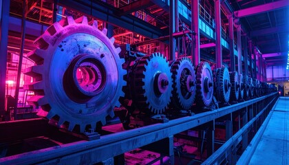 Poster - Industrial Gears with Neon Lights in Modern Factory Setting