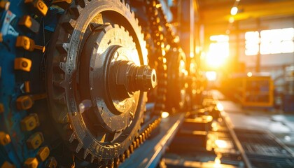 Poster - Industrial Gears and Cogs in Factory with Warm Sunset Lighting