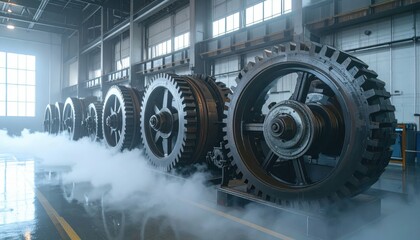 Poster - Large Industrial Gears in a Factory with Steam and Bright Lighting