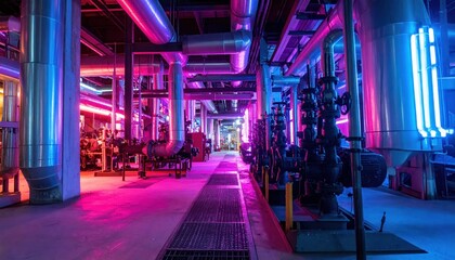 Poster - Vibrant Neon Lights in Industrial Facility with Pipes and Equipment