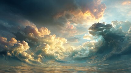 Wall Mural - Dramatic cloudscape with swirling formations above tranquil water, reflecting light and shadow