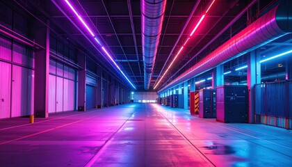 Poster - Vibrant Neon Lights in a Modern Industrial Warehouse Space