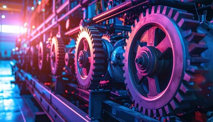 Poster - Industrial Gears in Warehouse with Colorful Lighting Effects