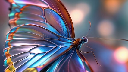 Close-up of a vibrant iridescent butterfly with intricately detailed wings, showcasing stunning blues, purples, and golds against a bokeh background.