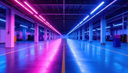 Poster - Modern Industrial Space with Neon Lights and Empty Floor Area