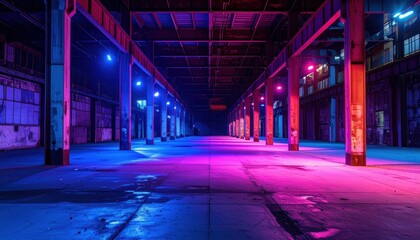 Poster - Urban Warehouse with Colorful Lights and Empty Space Night Scene
