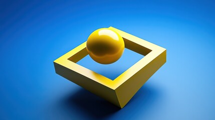 Poster - 3d image of a yellow sphere or ball balanced at the edge of a cube geometric shape on a blue backgro