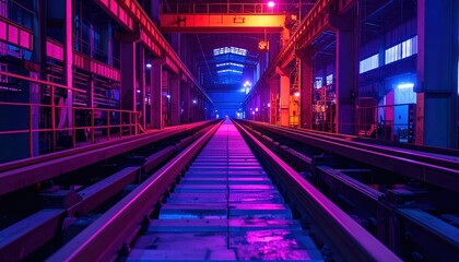 Poster - Vibrant Industrial Rail Tracks Under Colorful Neon Lights