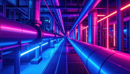 Poster - Futuristic Industrial Pipes with Neon Lights in a Modern Facility