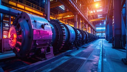 Poster - Industrial Machinery with Colorful Lights in Modern Factory Setting
