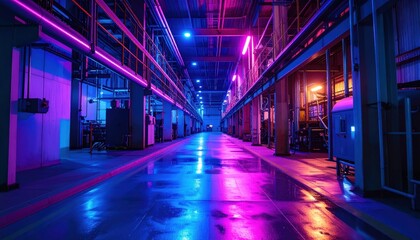 Poster - Futuristic Industrial Warehouse with Neon Lighting and Reflections
