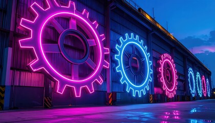 Poster - Neon Gears on Industrial Warehouse Wall at Dusk with Vibrant Colors