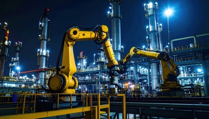 Poster - Industrial Robots Working at Night in a Modern Oil Refinery