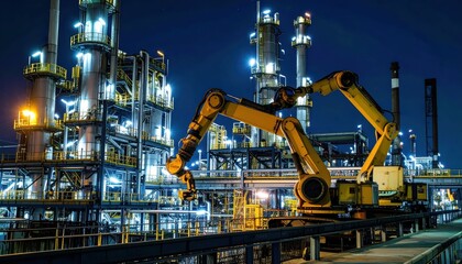 Poster - Industrial Facility at Night with Robotic Arm and Bright Lights