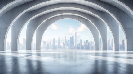 Aufkleber - 未来的なアーチ型のコンクリート構造と青い空都市の背景 透き通った光景と都会のスカイラインの抽象的なデザイン