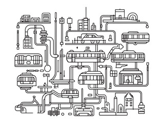  Minimalistic Line Drawing of Public Transit Routes and Stops