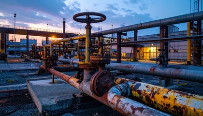 Aufkleber - Industrial Pipeline System with Valves at Dusk in a Factory Setting