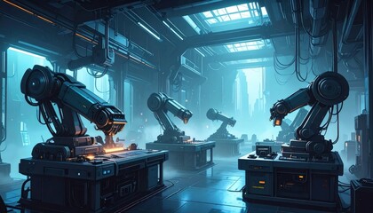 Poster - Futuristic Industrial Robotics Workshop with Advanced Machinery