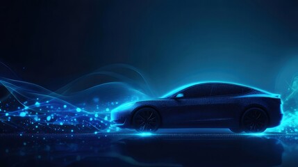 Poster - 暗い背景に青い光をまとった未来的な自動車のデジタル描写 未来的なテクノロジーコンセプト