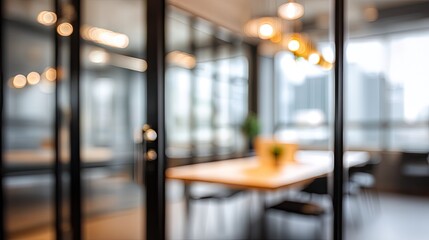 Dynamic business meeting scene modern office blurred background professional environment perspective