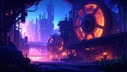 Poster - Futuristic Industrial Scene with Neon Lights and Machinery Elements