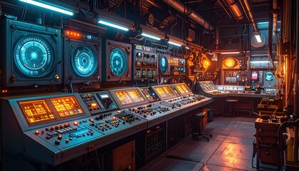 Poster - Futuristic Control Room with Digital Panels and Neon Lighting