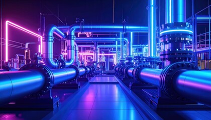 Poster - Colorful Industrial Pipe System With Neon Lights in a Modern Facility