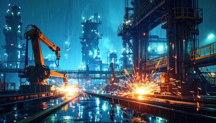 Poster - Advanced Industrial Scene with Robotic Arms and Sparks at Night