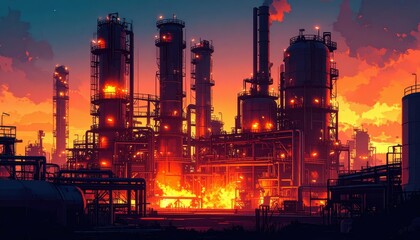 Poster - Vibrant Industrial Landscape at Sunset with Flames and Smoky Sky