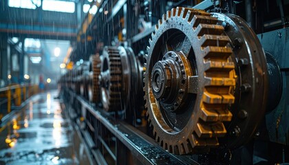 Poster - Industrial Machinery with Gears in Rainy Factory Environment