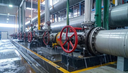 Poster - Industrial Pipeline System with Red Valves and Water Droplets