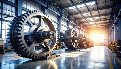 Poster - Industrial Factory Interior with Large Gears and Sunlight Rays