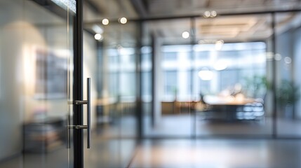 business meeting scene inside modern office with blurred background and doorway view