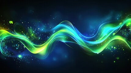 Poster - Glowing blue and green waves of data flow across a dark background, resembling circuits and energy transmission.