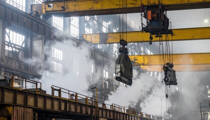 Poster - Industrial Production in Workshop with Steam and Cranes in Action
