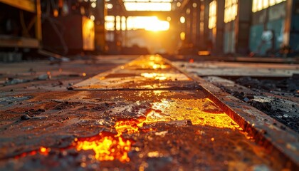 Poster - Glowing Industrial Floor with Sunset Glow in Abandoned Factory