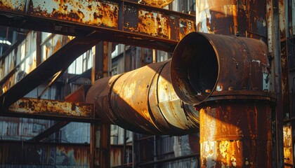 Poster - Rusty Industrial Pipes in Abandoned Factory with Warm Sunlight