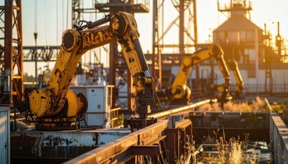 Poster - Industrial Robotics at Sunset in Manufacturing Facility Setting