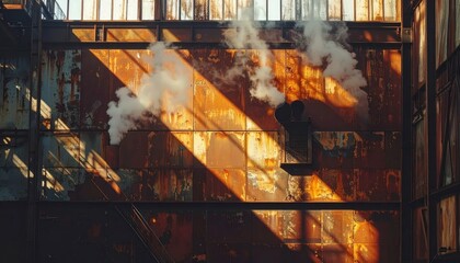 Poster - Rusty Industrial Wall with Smoke and Dramatic Light Rays